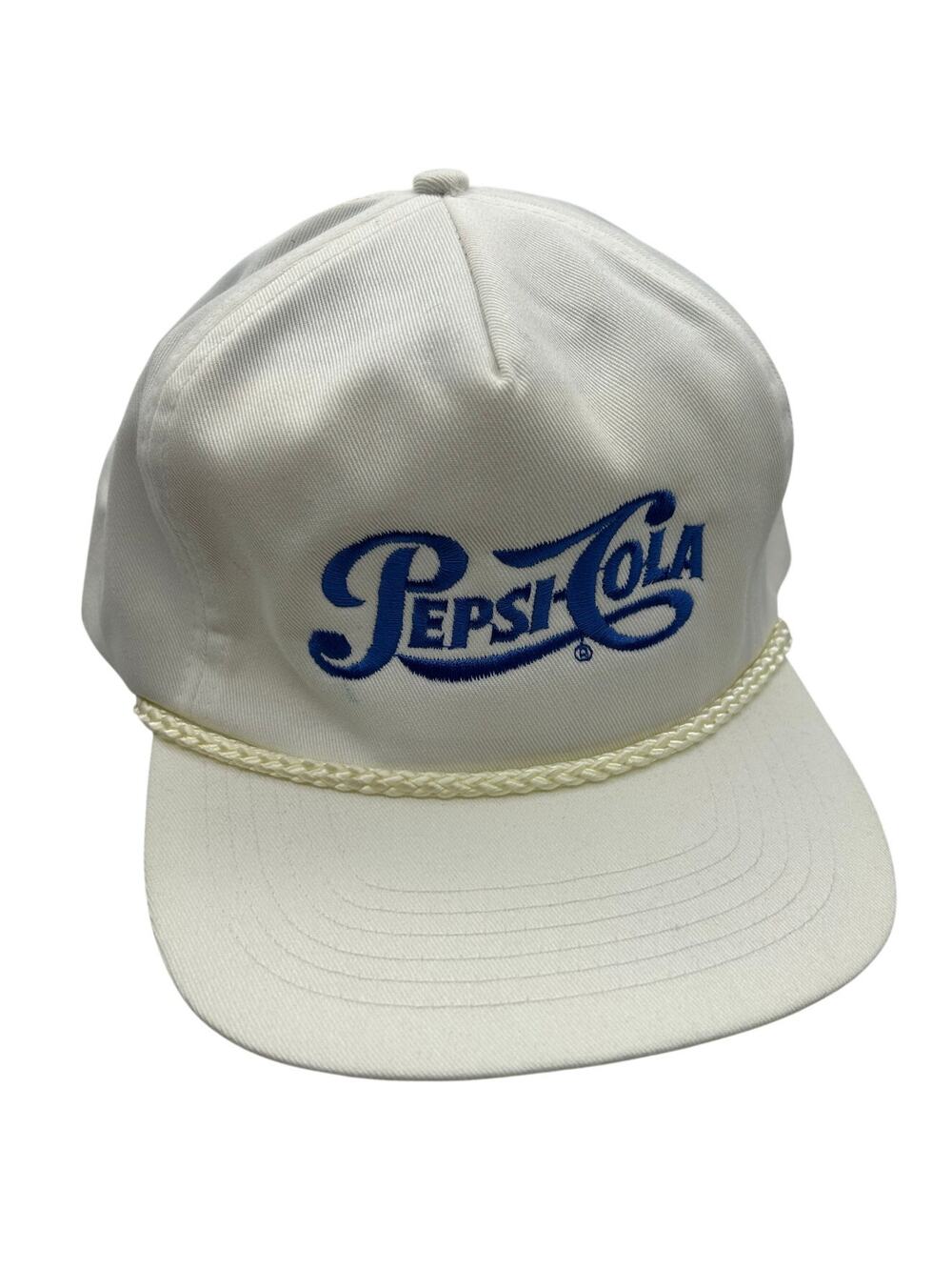 Vintage 80s 90s Pepsi-Cola White Strapback Rope Brim Embroidered Logo Promo Cap